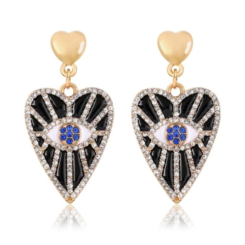 Evil eye Gold Silver Toned Whimsical Drop  Crystal Earrings Black Blue